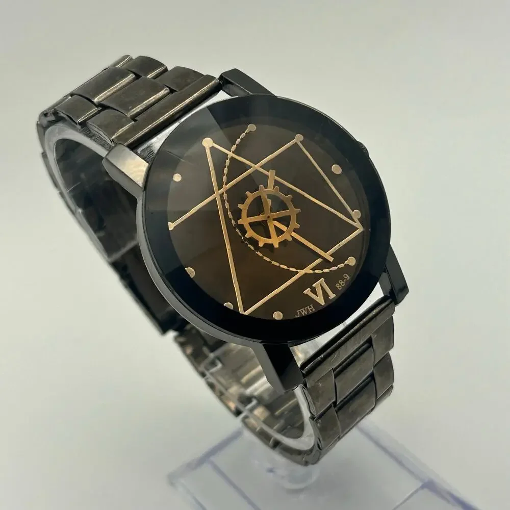 JWH Geometric Watch Black and Gold Tone Face Working New Battery